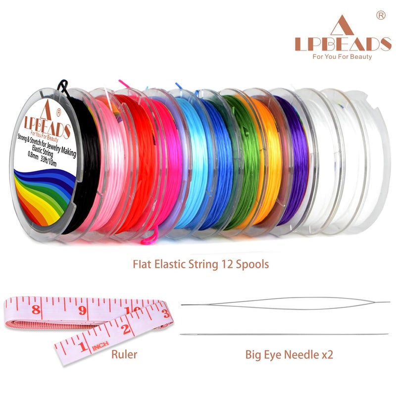 LPBeads 12 Rolls 0.8mm Elastic Stretchy String Cord for Bracelet Jewelry Making with Beading Needles and Ruler - Image 2