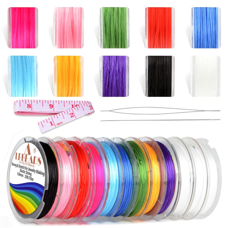 LPBeads 12 Rolls 0.8mm Elastic Stretchy String Cord for Bracelet Jewelry Making with Beading Needles and Ruler - Image 1