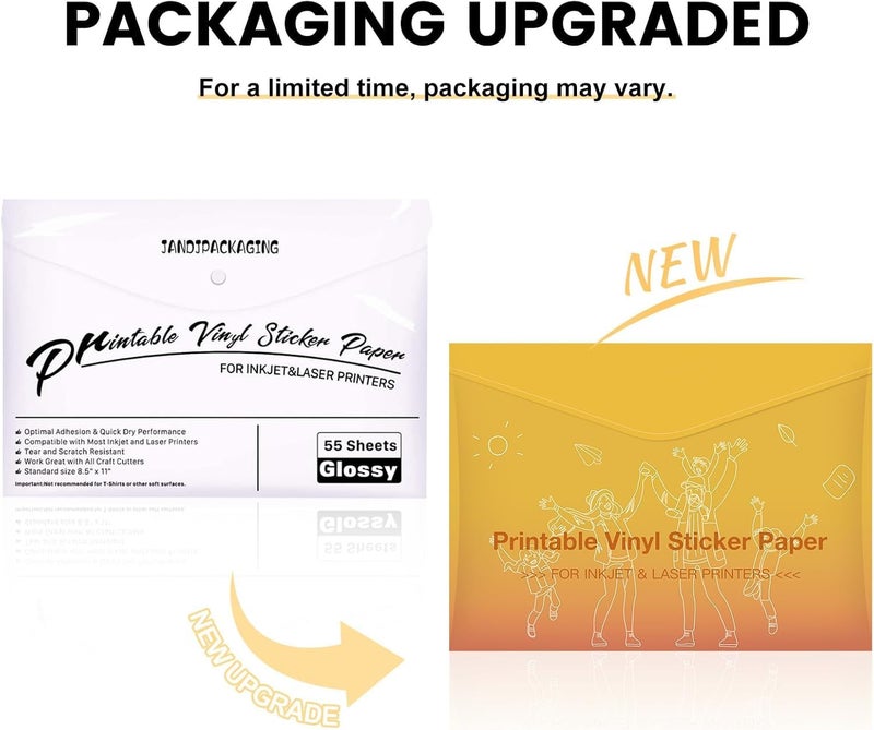 JANDJPACKAGING Premium Printable Vinyl Sticker Paper - for Inkjet and Laser Printer - 55 Pack Glossy White Waterproof Inkjet Printable Vinyl - Dries Quickly and Holds Ink Beautifully - Image 2