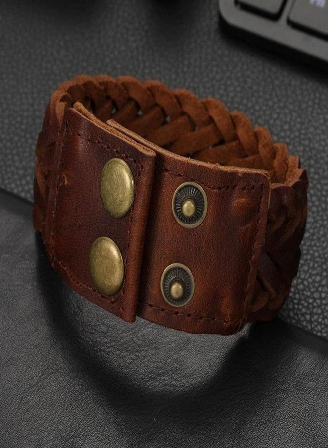 ZIVOM® Braided Biker Funky Handcrafted Brown Leather Wrist Band Bracelet - Image 3