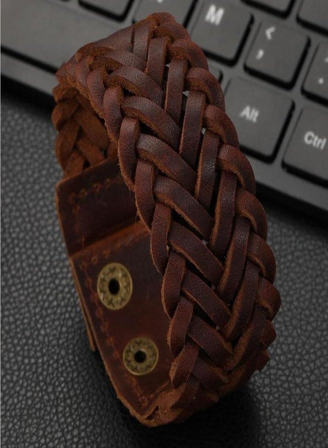 ZIVOM® Braided Biker Funky Handcrafted Brown Leather Wrist Band Bracelet - Image 2