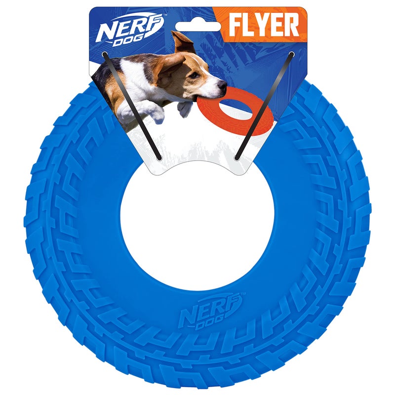 Nerf Dog Tire Flyer Outdoor Dog Toy, 10 Inch Flying Disc Dog Fetch Toy, Rubber Dog Toy for Medium Dogs and Large Dogs, Blue - Image 1