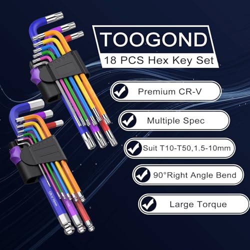 TOOGOND 18 Pcs Hex Key Allen Wrench Set Long Ball End Allen Key & Torx TRX Star Coloured Wrench Set T10-T50 Hex Key Allen Wrench Set 1.5-10mm for Bicycle Repair, Household DIY - Image 4