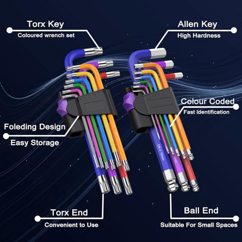 TOOGOND 18 Pcs Hex Key Allen Wrench Set Long Ball End Allen Key & Torx TRX Star Coloured Wrench Set T10-T50 Hex Key Allen Wrench Set 1.5-10mm for Bicycle Repair, Household DIY - Image 5