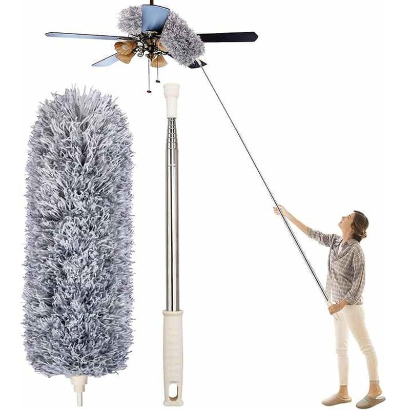 BeeDuck Microfiber Feather Duster Bendable Extendable High Ceiling Fans Cleaning Duster with 100 inches Expandable Pole Handle Washable Duster for High Ceiling Fans Long Fan Duster