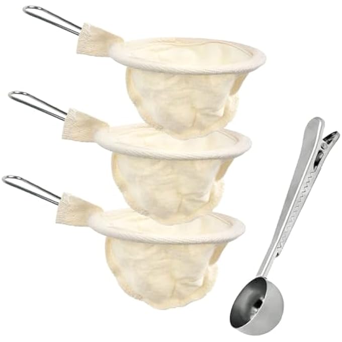 NALACAL 3 قطع من أكياس فلتر القهوة المصنوعة من قماش الفلانل بمقبض فولاذي ومغرفة قهوة من الفولاذ المقاوم للصدأ قابلة لإعادة الاستخدام ومصنوعة يدويًا للاستخدام في المنزل والمكتب والسفر - Image 1