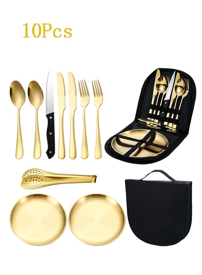 HOMESTAR 10-Piece Stainless Steel Outdoor Cutlery Set - Camping & Picnic Portable Utensils with Plates, Knife Fork Spoon for BBQ Grilling, Dishwasher Safe - Image 1