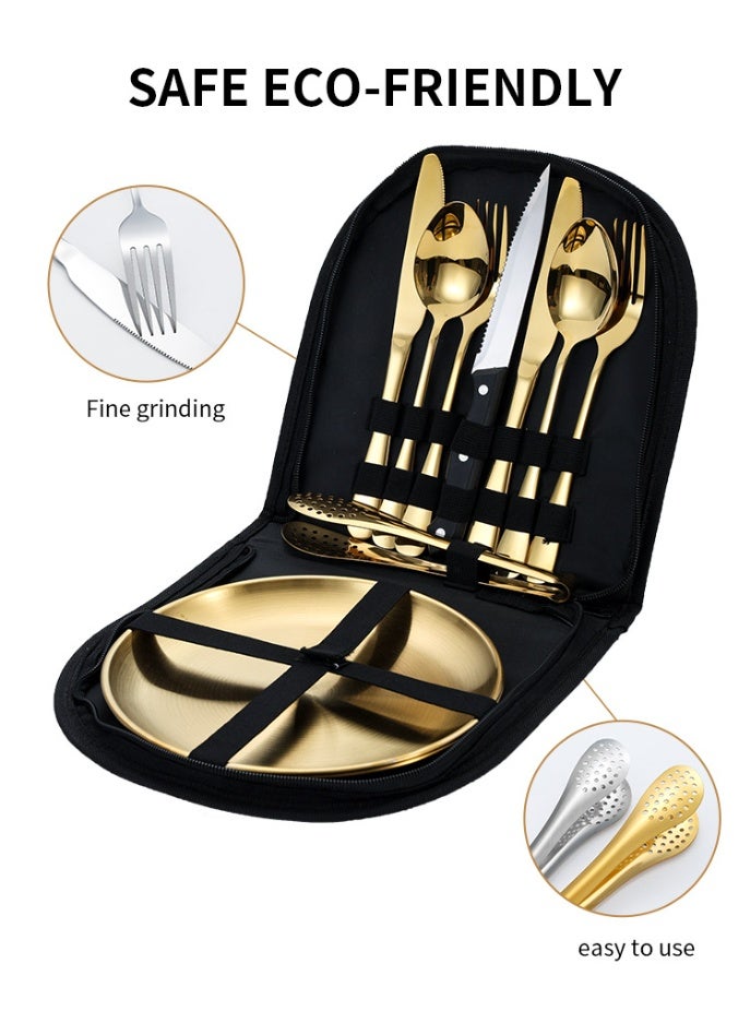 HOMESTAR 10-Piece Stainless Steel Outdoor Cutlery Set - Camping & Picnic Portable Utensils with Plates, Knife Fork Spoon for BBQ Grilling, Dishwasher Safe - Image 4