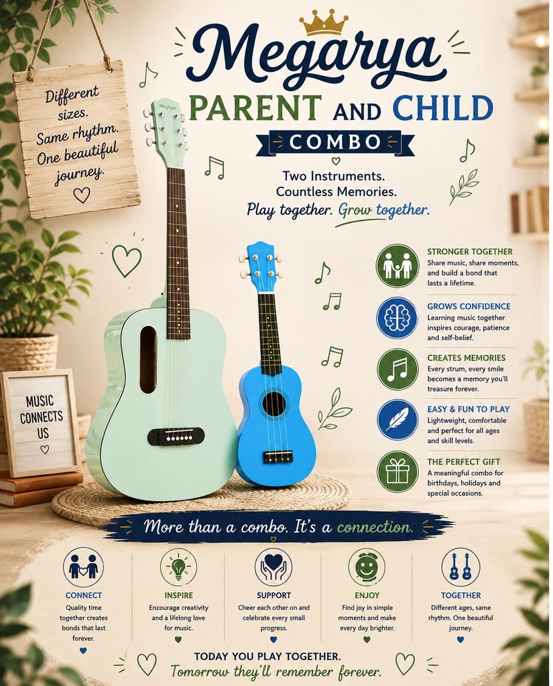 MEGARYA Parent & Child Guitar and Ukulele Combo, Pastel Green 6-String Guitar & Blue 4-String Ukulele, 2-Piece Beginner Musical Instrument Set for Family Learning, Practice & Gifting - Image 1