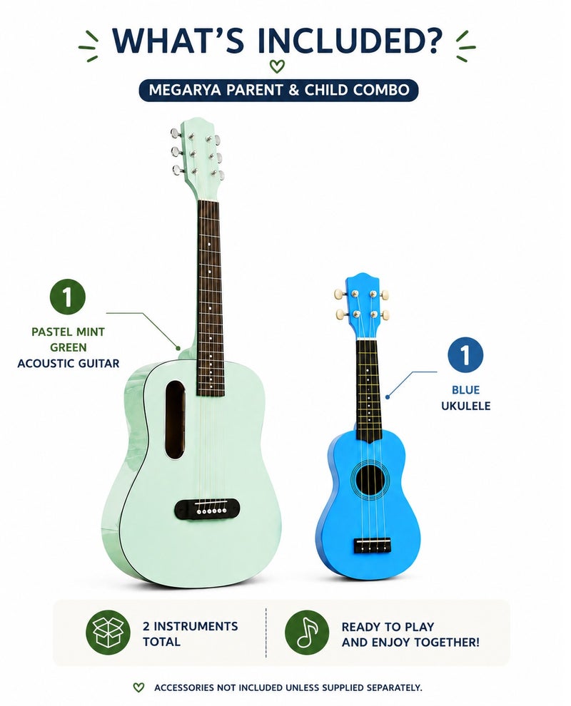 MEGARYA Parent & Child Guitar and Ukulele Combo, Pastel Green 6-String Guitar & Blue 4-String Ukulele, 2-Piece Beginner Musical Instrument Set for Family Learning, Practice & Gifting - Image 5