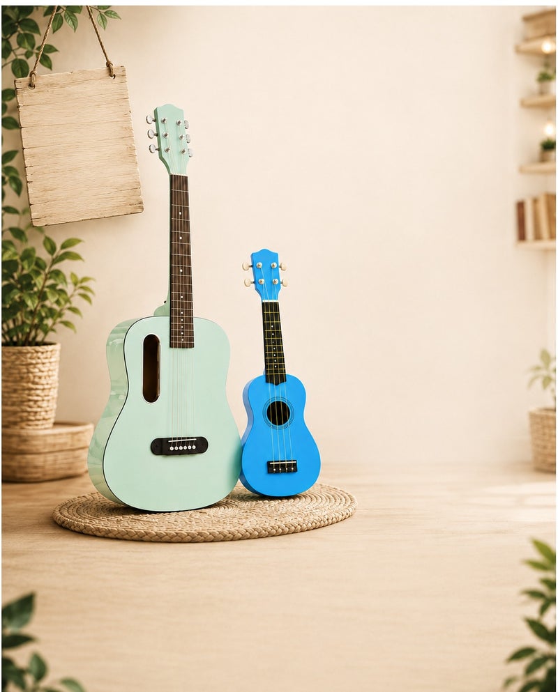 MEGARYA Parent & Child Guitar and Ukulele Combo, Pastel Green 6-String Guitar & Blue 4-String Ukulele, 2-Piece Beginner Musical Instrument Set for Family Learning, Practice & Gifting - Image 2