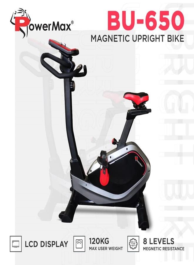 PowerMax Fitness PowerMax Fitness® BU-650 Magnetic Upright Exercise Bike for Home Use [6Kg Flywheel, Max User Weight 120kg, LCD Display, 8-Level Adjustable Resistance & Anti-slip Pedal] Black colour  - Image 2