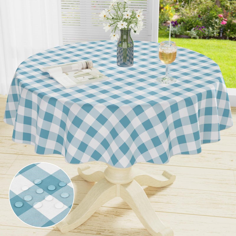 misaya Round Waterproof Vinyl Table Cloth, Buffalo Flannel Backed Tablecloth, Wipeable Plastic Table Cover for Dinner, Kitchen, Picnic (60", Aquamarine and White) - Image 1