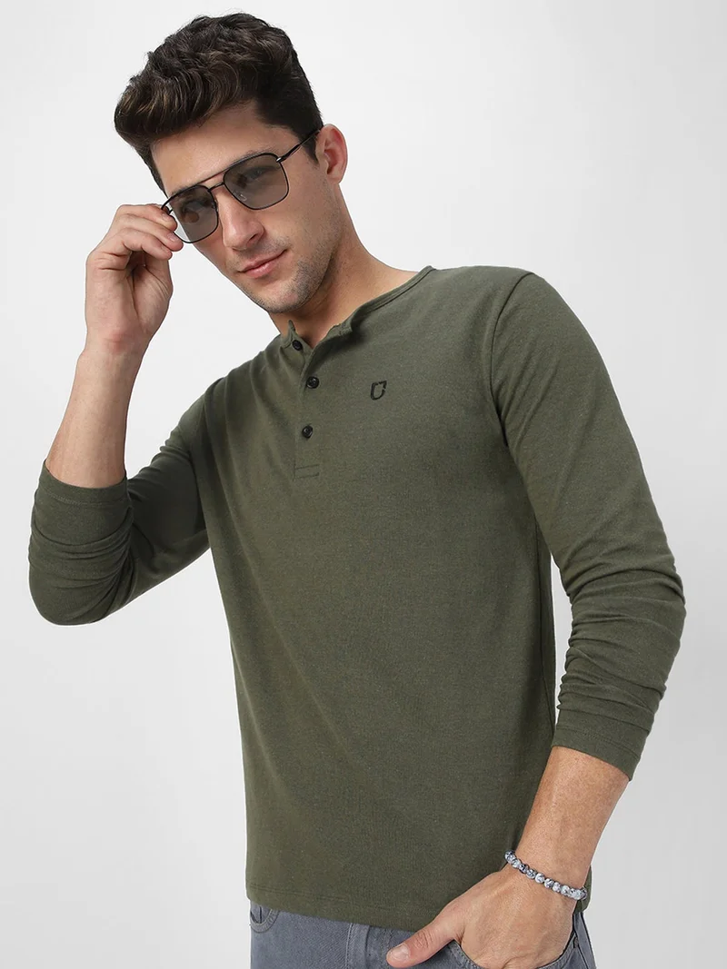 Urbano Fashion Urbano Fashion Men's Dark Olive Green Solid Henley Neck Slim Fit Full Sleeve Cotton T-Shirt