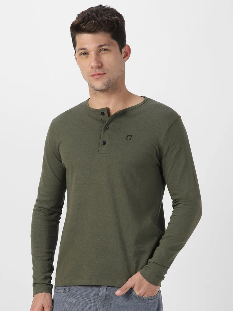 Urbano Fashion Urbano Fashion Men's Dark Olive Green Solid Henley Neck Slim Fit Full Sleeve Cotton T-Shirt