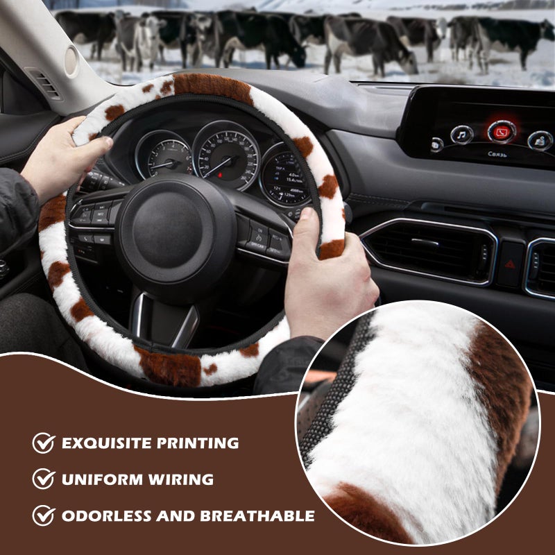 BubabyZZ 3PCS Cow Print Steering Wheel Cover Plush, Auto Cute Furry Cows Pattern Hand Brake & Shift Gear Covers Universal Soft Warm Car Interior Accessories for Women Men (Brown Cow Print, 15 inch) - Image 5