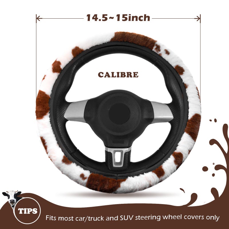 BubabyZZ 3PCS Cow Print Steering Wheel Cover Plush, Auto Cute Furry Cows Pattern Hand Brake & Shift Gear Covers Universal Soft Warm Car Interior Accessories for Women Men (Brown Cow Print, 15 inch) - Image 2