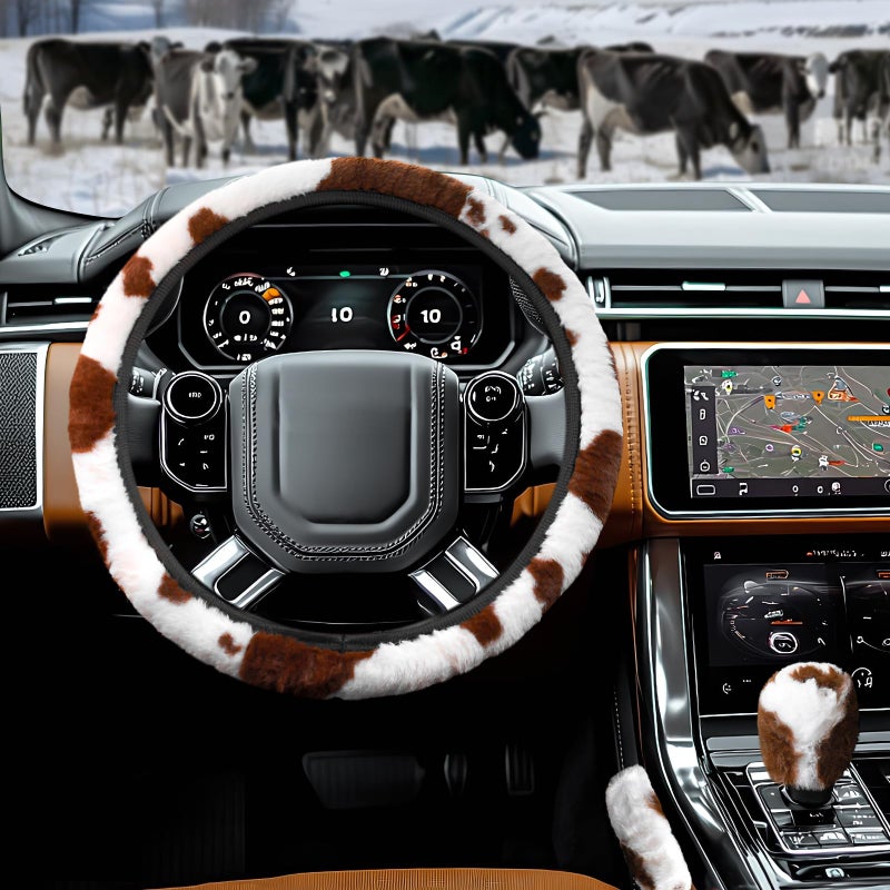 BubabyZZ 3PCS Cow Print Steering Wheel Cover Plush, Auto Cute Furry Cows Pattern Hand Brake & Shift Gear Covers Universal Soft Warm Car Interior Accessories for Women Men (Brown Cow Print, 15 inch) - Image 1