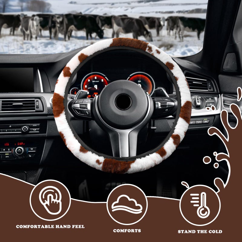 BubabyZZ 3PCS Cow Print Steering Wheel Cover Plush, Auto Cute Furry Cows Pattern Hand Brake & Shift Gear Covers Universal Soft Warm Car Interior Accessories for Women Men (Brown Cow Print, 15 inch) - Image 4