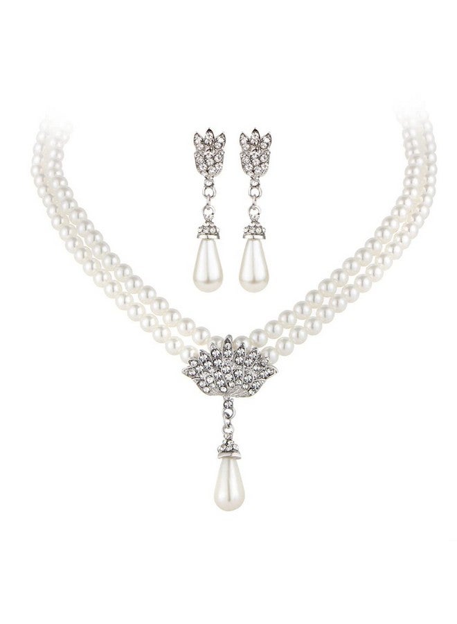 Asooll Bridal Pearl Necklace Earring Set Silver Rhinestone Wedding Jewelry Set Bride Choker Necklace Accessories For Women(Set Of 3) - Image 1