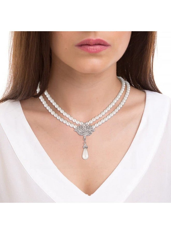 Asooll Bridal Pearl Necklace Earring Set Silver Rhinestone Wedding Jewelry Set Bride Choker Necklace Accessories For Women(Set Of 3) - Image 2