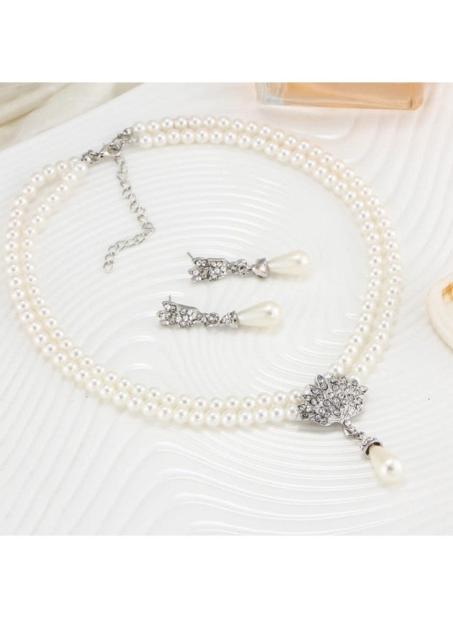 Asooll Bridal Pearl Necklace Earring Set Silver Rhinestone Wedding Jewelry Set Bride Choker Necklace Accessories For Women(Set Of 3) - Image 3