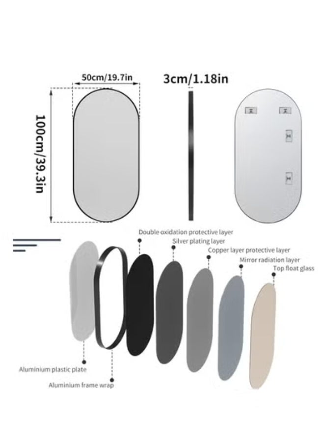 Beauenty Oval Wall Mirror Black: 100x60cm Modern Metal Framed Vanity Accent Pill-Shaped Mirror for Bathroom, Entryway Hall, Living Room, Bedroom, Wall Decor, Horizontal or Vertical - Image 5