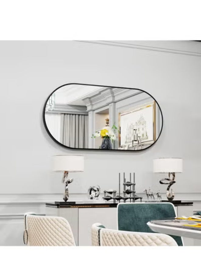 Beauenty Oval Wall Mirror Black: 100x60cm Modern Metal Framed Vanity Accent Pill-Shaped Mirror for Bathroom, Entryway Hall, Living Room, Bedroom, Wall Decor, Horizontal or Vertical - Image 2