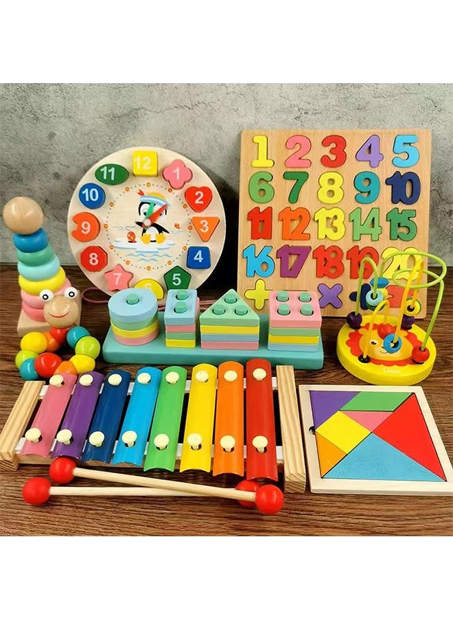 FUNCOT 8 IN 1 Wooden Early Education Baby Toys, Early Education Toys,Montessori Xylophone for Kids,Wooden Teaching Time Clock Toys,Ring like Circles the Bead Wooden Bead Maze Activity Puzzle Game,Twisty Caterpillar,Quadruple Column,Wooden Digital puzzles,Wooden Tangrams,Sorting & Stacking Toys  - Image 1