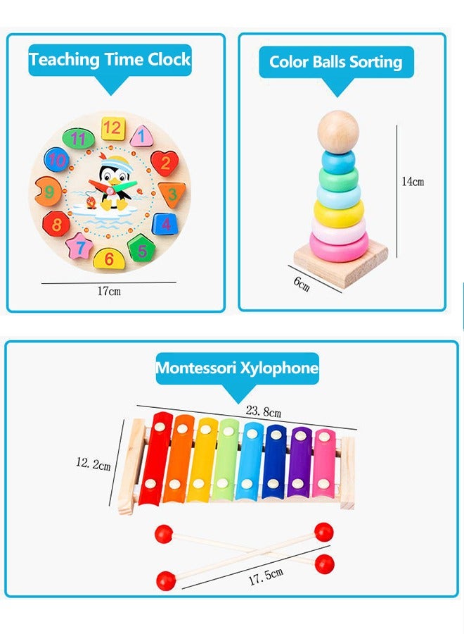FUNCOT 8 IN 1 Wooden Early Education Baby Toys, Early Education Toys,Montessori Xylophone for Kids,Wooden Teaching Time Clock Toys,Ring like Circles the Bead Wooden Bead Maze Activity Puzzle Game,Twisty Caterpillar,Quadruple Column,Wooden Digital puzzles,Wooden Tangrams,Sorting & Stacking Toys  - Image 3