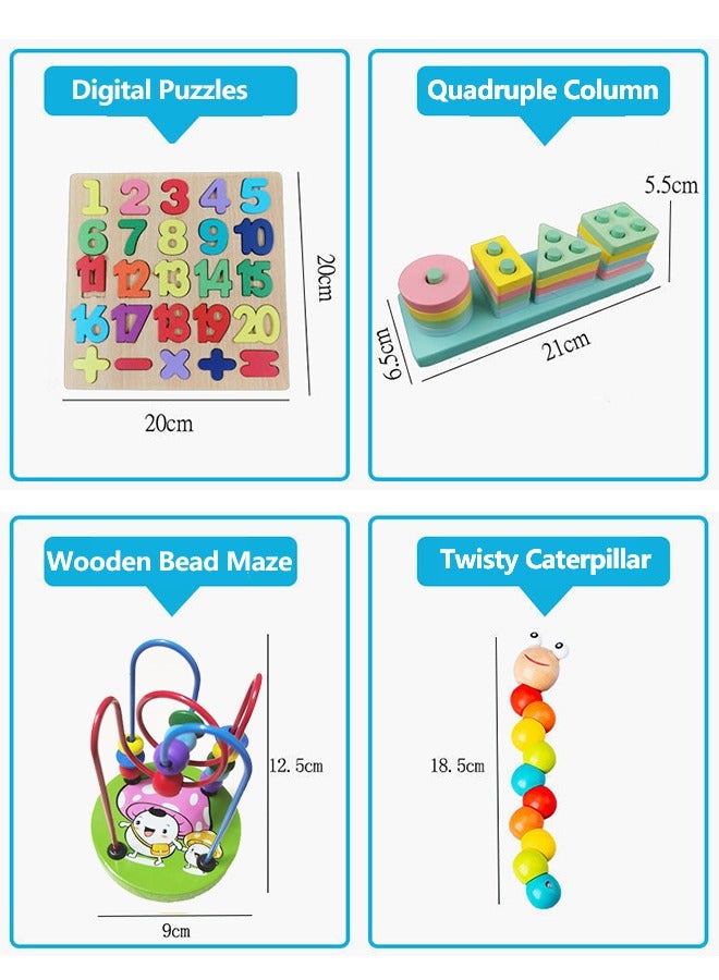 FUNCOT 8 IN 1 Wooden Early Education Baby Toys, Early Education Toys,Montessori Xylophone for Kids,Wooden Teaching Time Clock Toys,Ring like Circles the Bead Wooden Bead Maze Activity Puzzle Game,Twisty Caterpillar,Quadruple Column,Wooden Digital puzzles,Wooden Tangrams,Sorting & Stacking Toys  - Image 2