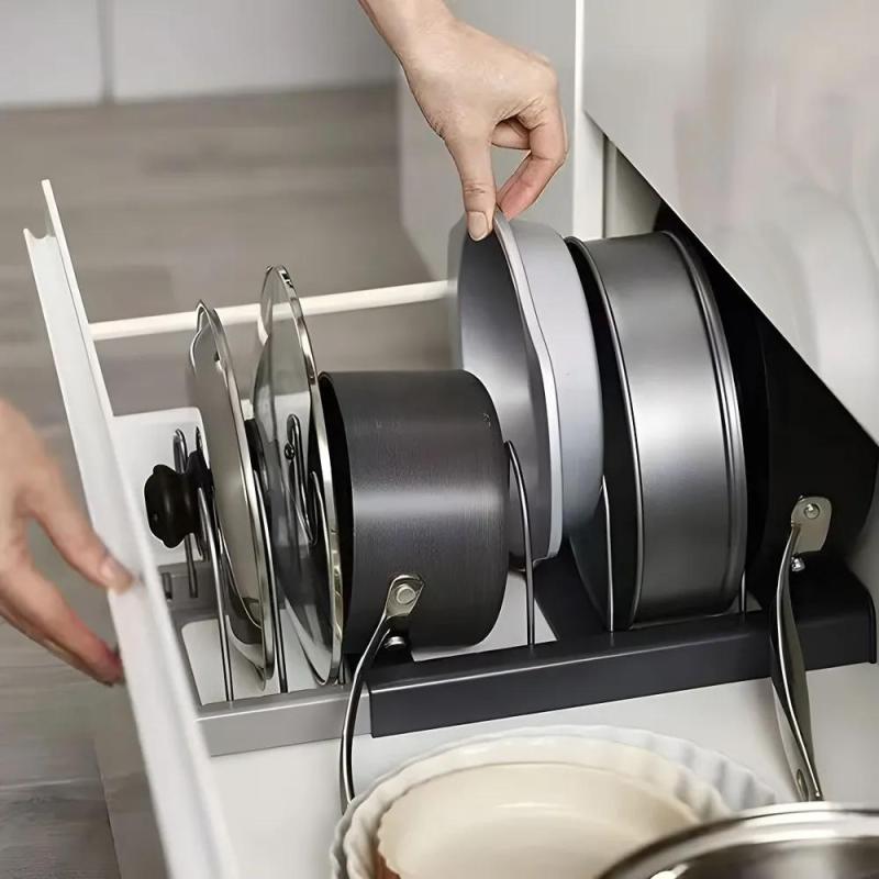Pot Lid Organizer: Adjustable Sliding Holder, Durable ABS Plastic, Space-Saving Storage - Ergonomic Pull-Out Panel, Lid Rack for Kitchen Cabinets or Countertops - Image 4