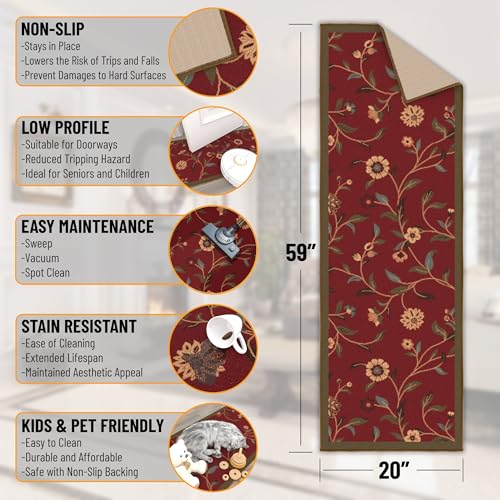 Ottomanson Hallway Runner Rug 20" x 59" Non Slip Floral Area Rugs Easy to Clean Laundry Rug Runner Durable & Pet Friendly Floor Carpet Runners for Hallways Entryway Living Room Kitchen Bathroom, Red - Image 2