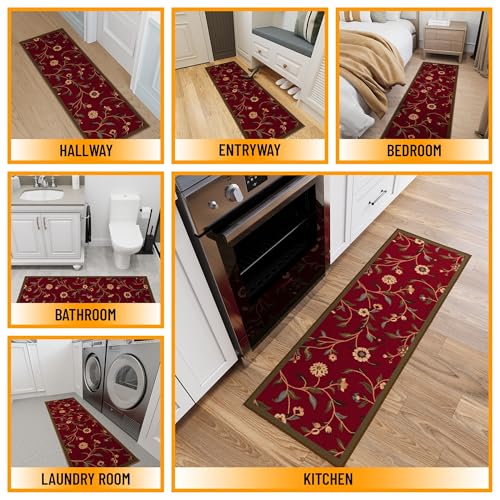 Ottomanson Hallway Runner Rug 20" x 59" Non Slip Floral Area Rugs Easy to Clean Laundry Rug Runner Durable & Pet Friendly Floor Carpet Runners for Hallways Entryway Living Room Kitchen Bathroom, Red - Image 3