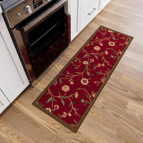 Ottomanson Hallway Runner Rug 20" x 59" Non Slip Floral Area Rugs Easy to Clean Laundry Rug Runner Durable & Pet Friendly Floor Carpet Runners for Hallways Entryway Living Room Kitchen Bathroom, Red - Image 1