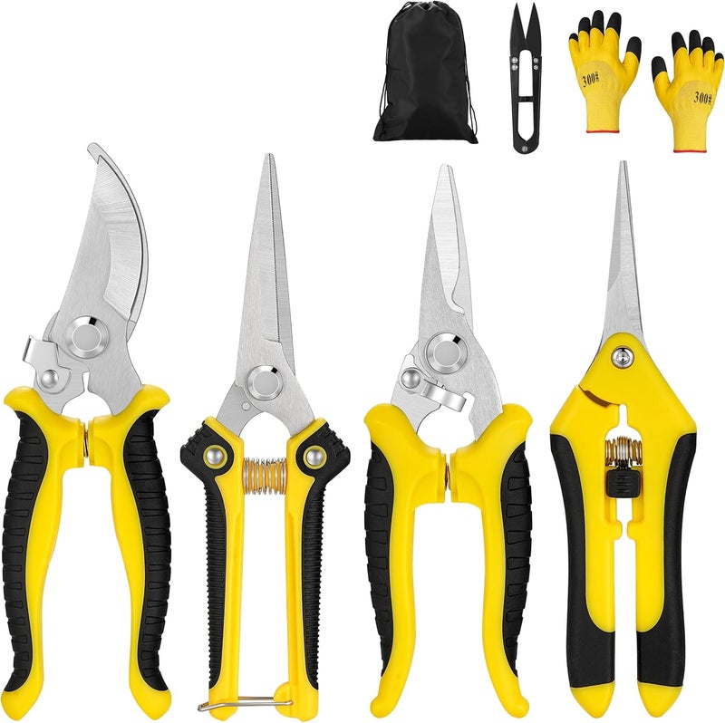 Topbooc 5 pack Garden Pruning Shears Stainless Steel Blades, Handheld Scissors Set with Gardening Gloves,Heavy Duty Garden Bypass Pruning Shears,Tree Trimmers Secateurs, Hand Pruner (Yellow and Black) - Image 1