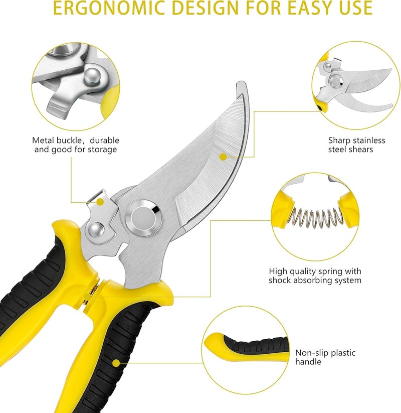 Topbooc 5 pack Garden Pruning Shears Stainless Steel Blades, Handheld Scissors Set with Gardening Gloves,Heavy Duty Garden Bypass Pruning Shears,Tree Trimmers Secateurs, Hand Pruner (Yellow and Black) - Image 3