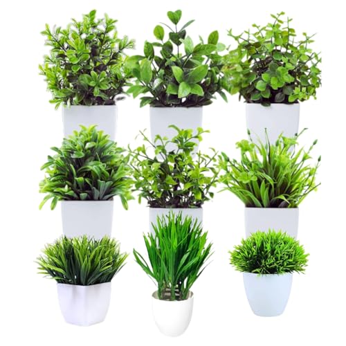 Go Hooked Artificial Plants Small, Mini Artificial Plants Indoor for Home Farmhouse Bathroom Shelf Décor Height 17CM Green and White 9 (Design May Vary) - Image 1