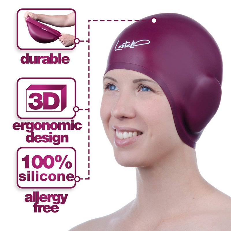Lahtak Swim Caps Ear Protection 3D - Swimming Cap for Women Men - Silicone Swim Cap Waterproof - Fits Long Hair & Short - Adult Swim Cap - Youth Swim Cap - Swim Hats (Windsor Wine) - Image 4