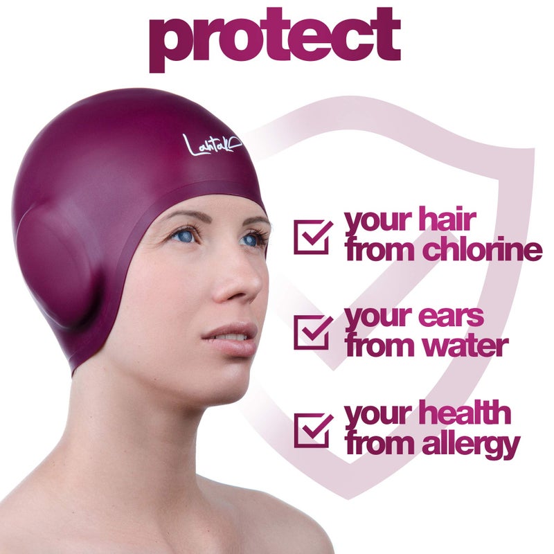 Lahtak Swim Caps Ear Protection 3D - Swimming Cap for Women Men - Silicone Swim Cap Waterproof - Fits Long Hair & Short - Adult Swim Cap - Youth Swim Cap - Swim Hats (Windsor Wine) - Image 3