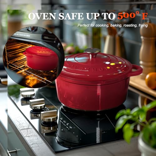 Overmont Enameled Cast Iron Dutch Oven - 4.5QT Pot with Lid Cookbook & Cotton Potholders - Heavy-Duty Cookware for Braising, Stews, Roasting, Bread Baking red - Image 4