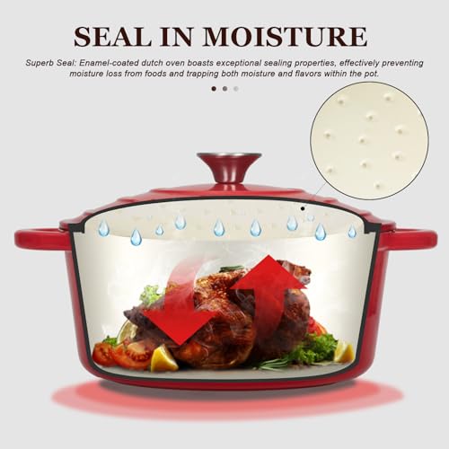 Overmont Enameled Cast Iron Dutch Oven - 4.5QT Pot with Lid Cookbook & Cotton Potholders - Heavy-Duty Cookware for Braising, Stews, Roasting, Bread Baking red - Image 2