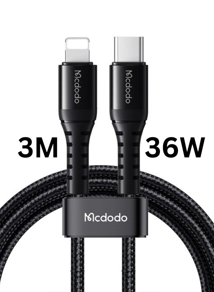 Mcdodo iPhone Charger Cable 3m 36W [PD Fast Charging] USB-C to Lightning Braided Fast Charging Cable Durable Cord Compatible with iPhone 15 14 13 12 11, iPad AirPods – Black - Image 1