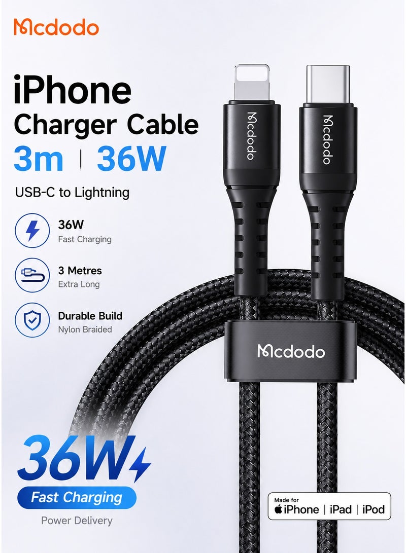Mcdodo iPhone Charger Cable 3m 36W [PD Fast Charging] USB-C to Lightning Braided Fast Charging Cable Durable Cord Compatible with iPhone 15 14 13 12 11, iPad AirPods – Black - Image 1