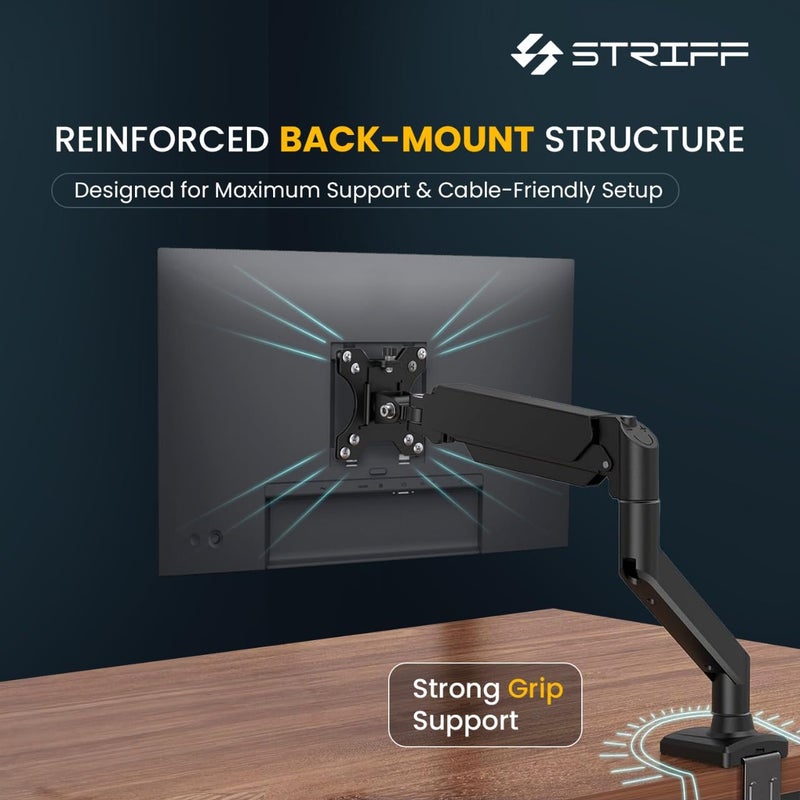 Striff Single Monitor Stand with Full Motion Arm | 360° Rotation & Height Adjustable Desk Table Mount | Universal VESA Bracket with C-Clamp | Fits 13–32 Inch Computer/LCD Screens | Holds 4.4–19.8 lbs - Image 2