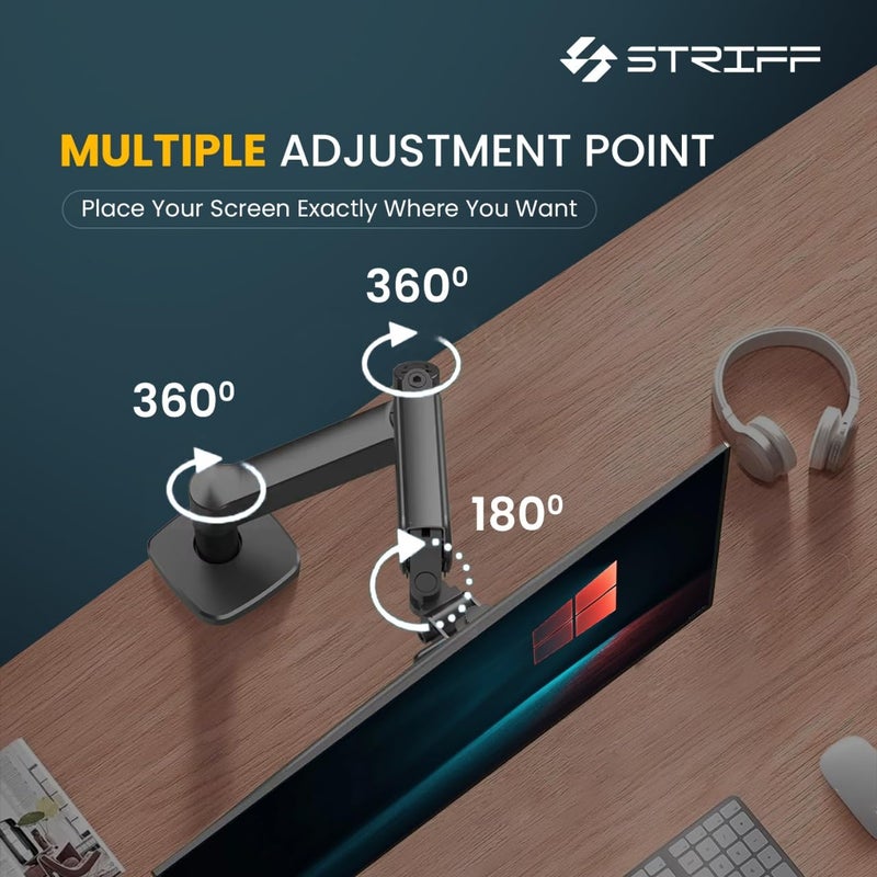 Striff Single Monitor Stand with Full Motion Arm | 360° Rotation & Height Adjustable Desk Table Mount | Universal VESA Bracket with C-Clamp | Fits 13–32 Inch Computer/LCD Screens | Holds 4.4–19.8 lbs - Image 5