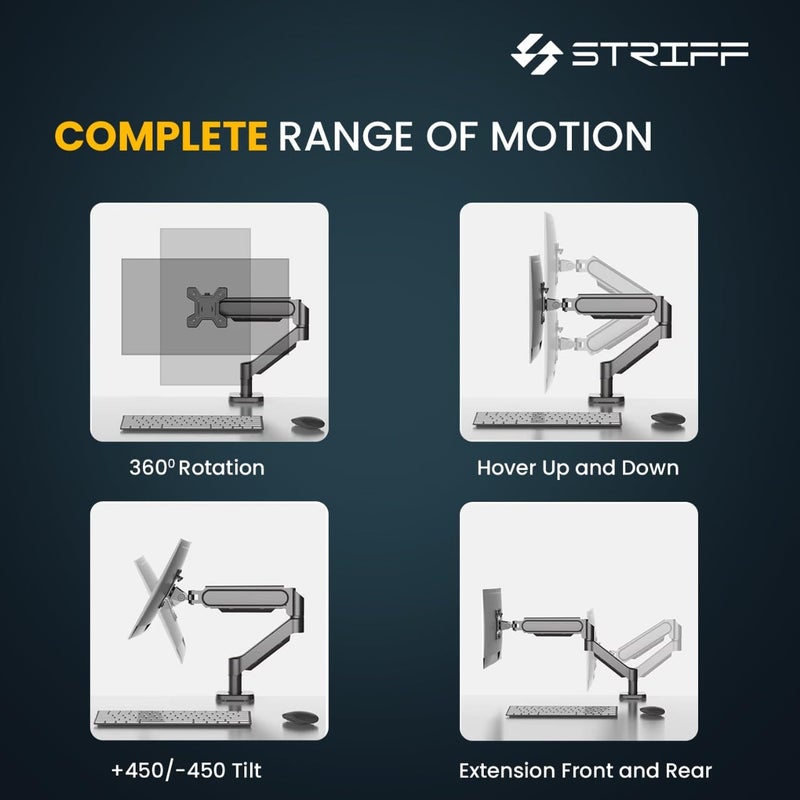 Striff Single Monitor Stand with Full Motion Arm | 360° Rotation & Height Adjustable Desk Table Mount | Universal VESA Bracket with C-Clamp | Fits 13–32 Inch Computer/LCD Screens | Holds 4.4–19.8 lbs - Image 3
