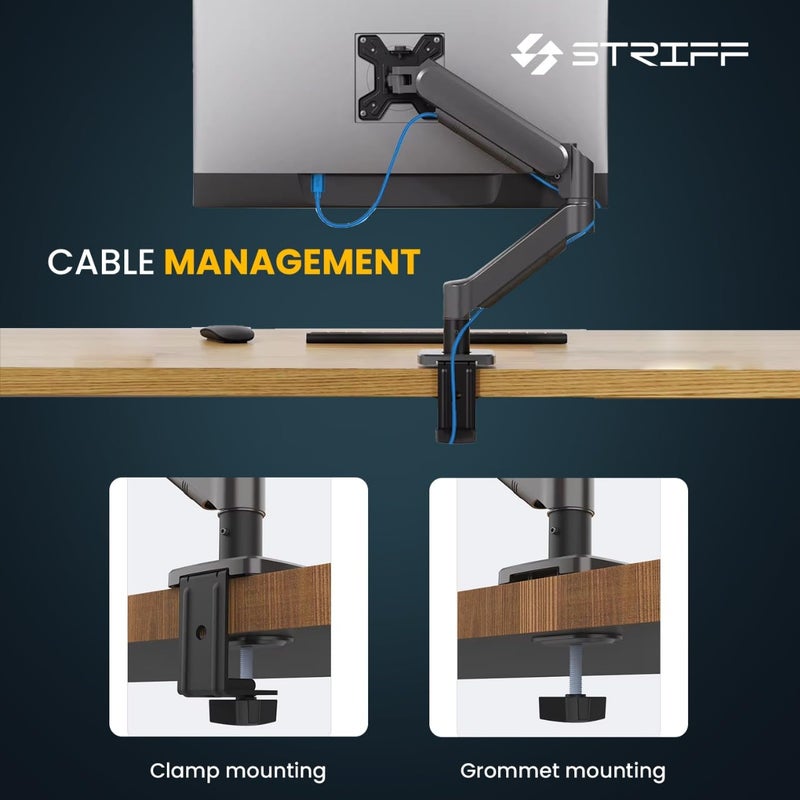 Striff Single Monitor Stand with Full Motion Arm | 360° Rotation & Height Adjustable Desk Table Mount | Universal VESA Bracket with C-Clamp | Fits 13–32 Inch Computer/LCD Screens | Holds 4.4–19.8 lbs - Image 4