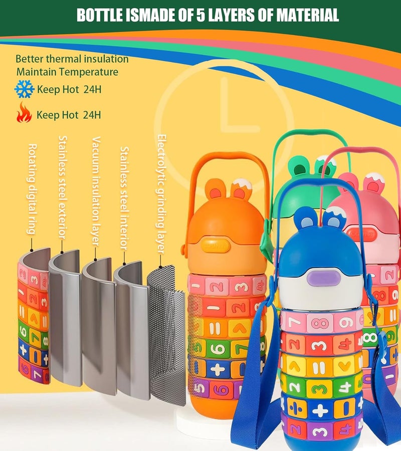 AoMige زجاجة مياه حرارية للأطفال من الفولاذ المقاوم للصدأ خالية من BPA بسعة 430 مل | غطاء قابل للطي مانع للتسرب ومعزول | حلقات ألغاز الرياضيات الممتعة | زجاجة مدرسية للأولاد والبنات | تصميم لطيف مع حزام | هدية تعليمية | أخضر - Image 5
