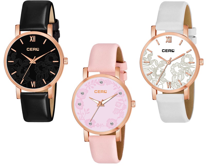 CERO Leather Pack Of 3 Analogue Multi Color Combo Watch For Women And Girls (Multicolor-02) - Image 3